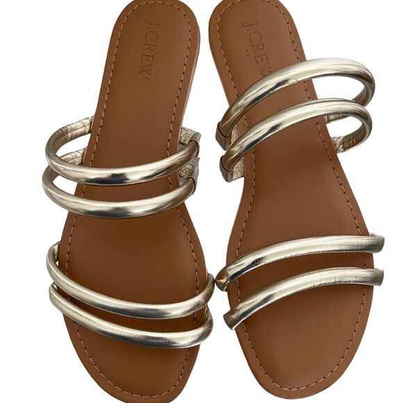 J. Crew NWOT Gold Metallic Flat Slide On Sandals Size 8 - Picture 2 of 10